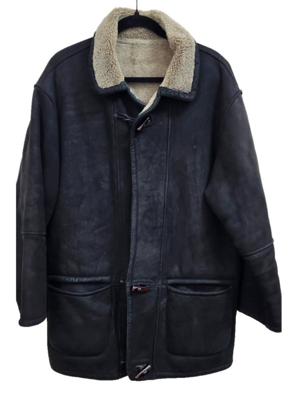 Vintage Suede Shearling Jacket Unisex L Black Sheepskin Coat MADISKIN - Picture 2 of 13